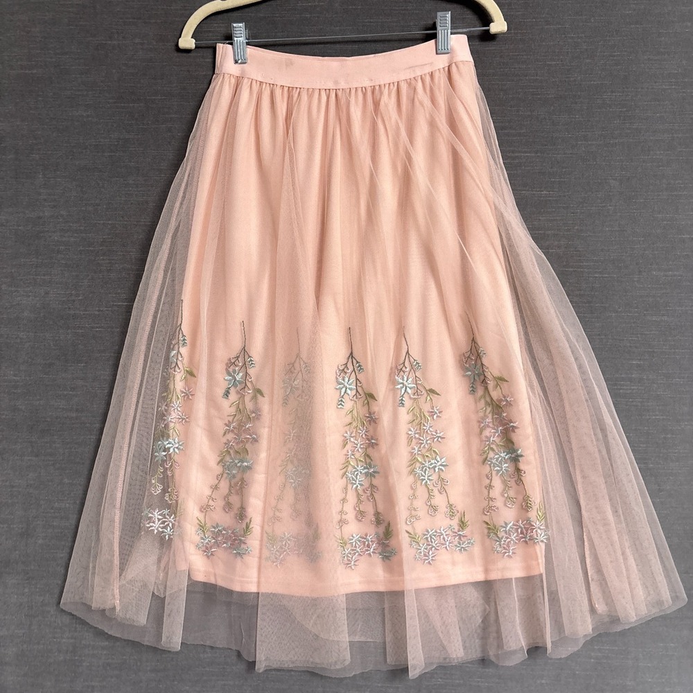 Haute Monde Skirt M Peach Pink Embroidered Tulle Mesh Embroidered Fairy Feminine - Picture 4 of 7